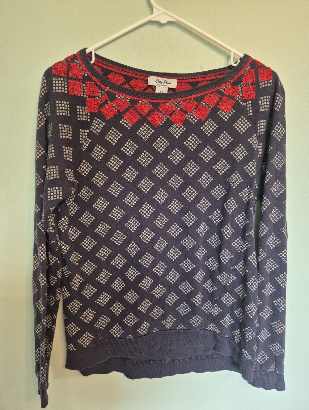 Lucky Bliss Women's Boho Navy Sweater w Red Embroidered Diamond Yoke Size XS - Picture 2 of 4